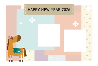 年賀状写真フレーム馬とパッチワーク枠67